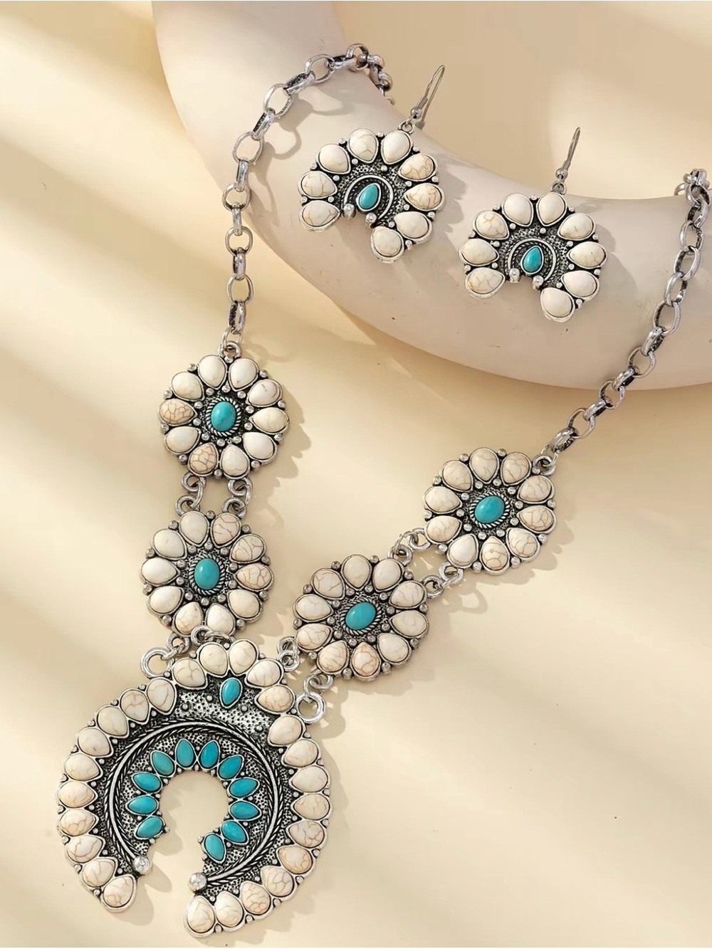 Bohemian Turquoise & Cream Statement Necklace Set